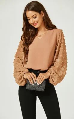 Long Lace Sleeve V Neck Blouse Top In Camel