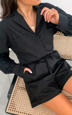 Skyla Linen Playsuit Black