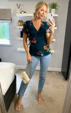 Emerald Floral Wrap Front Short Sleeve Blouse