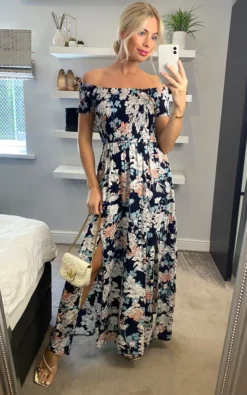 Navy Floral Bardot Shirred Maxi Dress