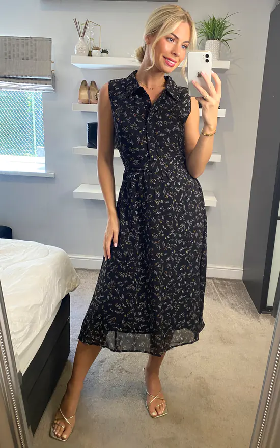 Multi Black Ditsy Floral Sleeveless Midi Dress - Image 2
