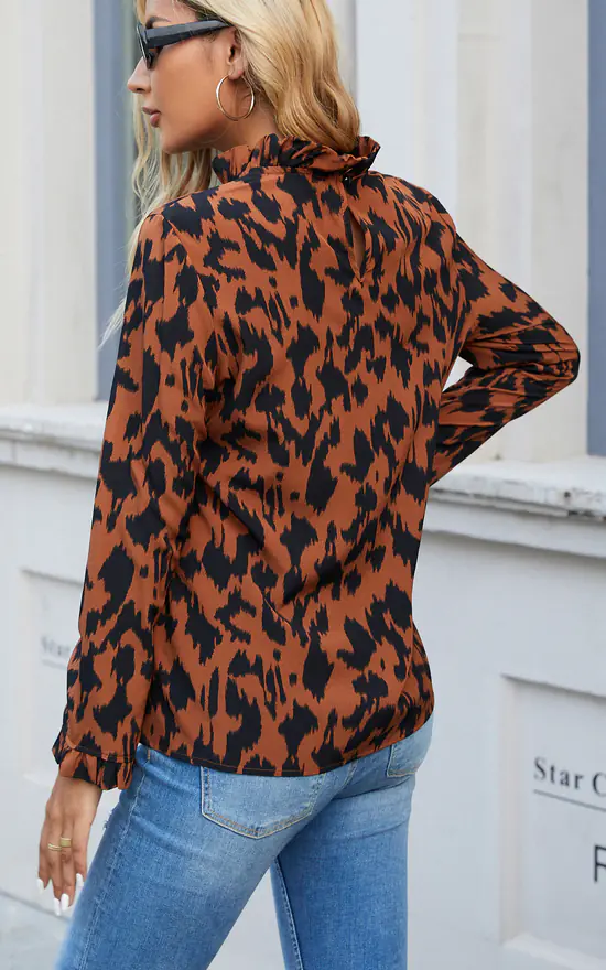 Frill Detail High Neck Top In Camel Brown & Black Leopard Animal Print - Image 4