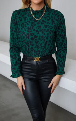 Forest Green Black Leopard Print Frill Detail High Neck Top