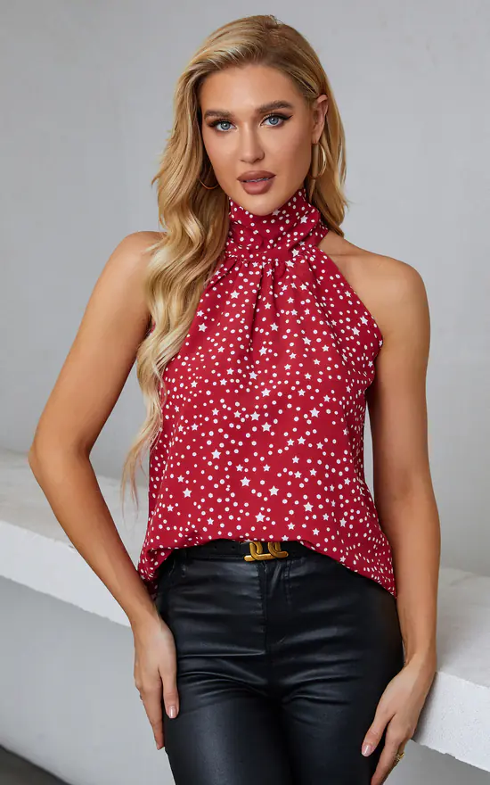 White Star Print Halter Neck Tie Back Top In Red - Image 2