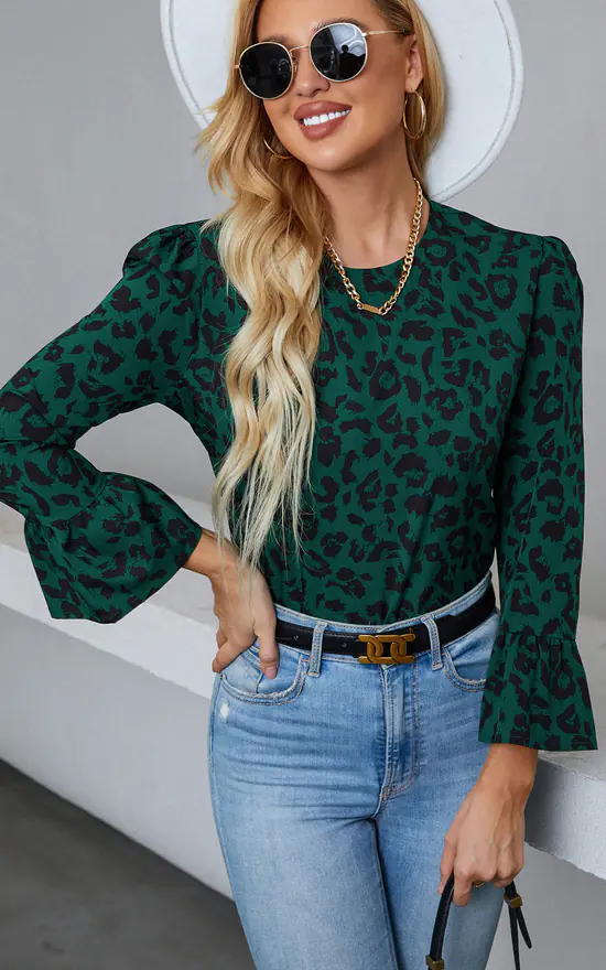 Frill Detail Cuff Top In Green Leopard - Image 2