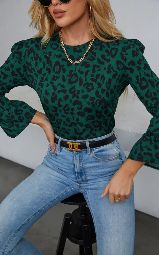 Frill Detail Cuff Top In Green Leopard - Image 4