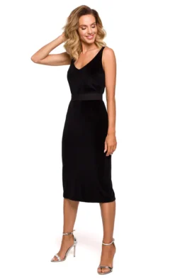 Velvet Midi Dress With Belt In Black