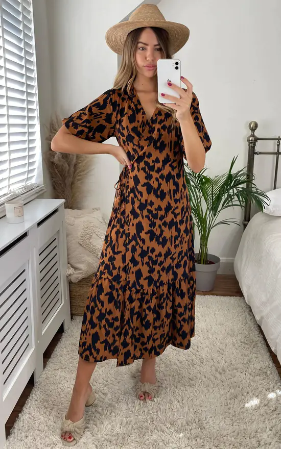 Leopard Print Short Sleeve Maxi Wrap Dress In Brown - Image 3