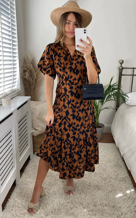 Leopard Print Short Sleeve Maxi Wrap Dress In Brown - Image 2