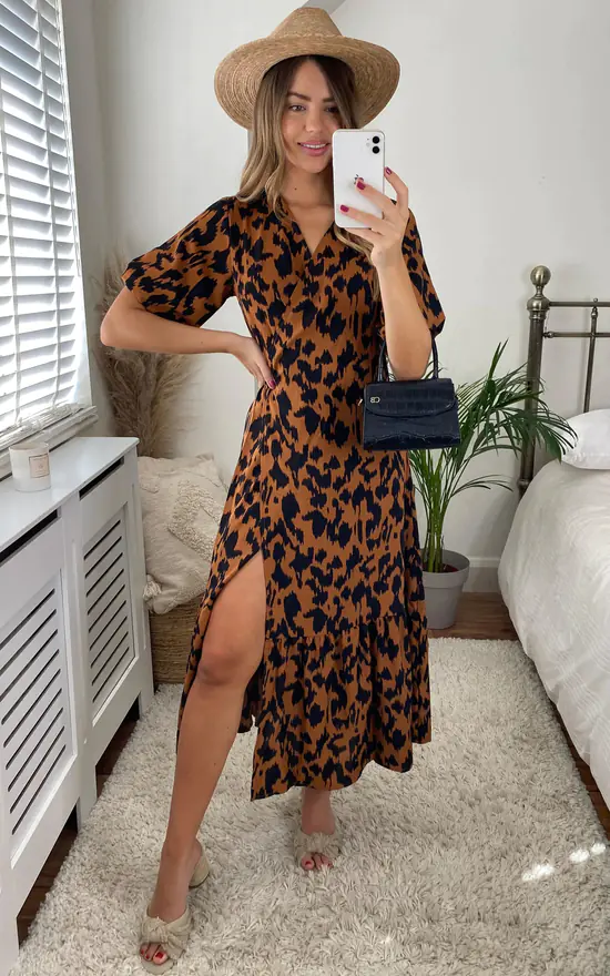 Leopard Print Short Sleeve Maxi Wrap Dress In Brown