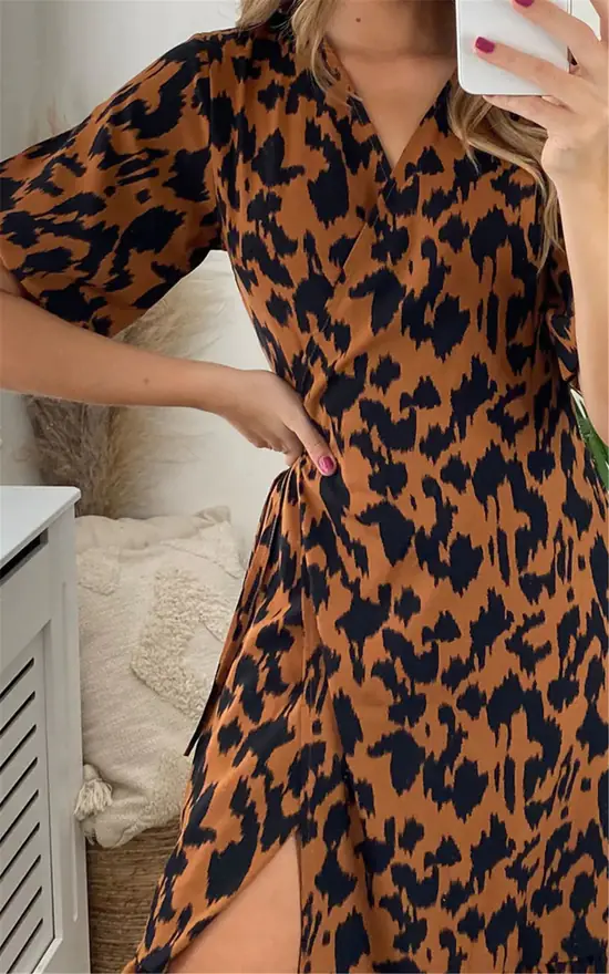Leopard Print Short Sleeve Maxi Wrap Dress In Brown - Image 4