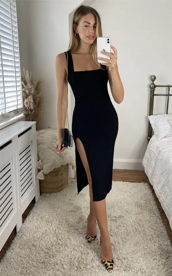 Sleeveless Split Thigh Bodycon Ribbed Dress In Black