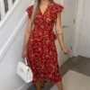 Red Frill Shoulder Sleeve Floral Midi Wrap Dress