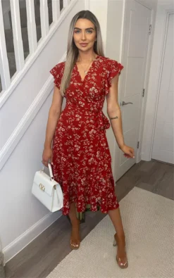 Red Frill Shoulder Sleeve Floral Midi Wrap Dress