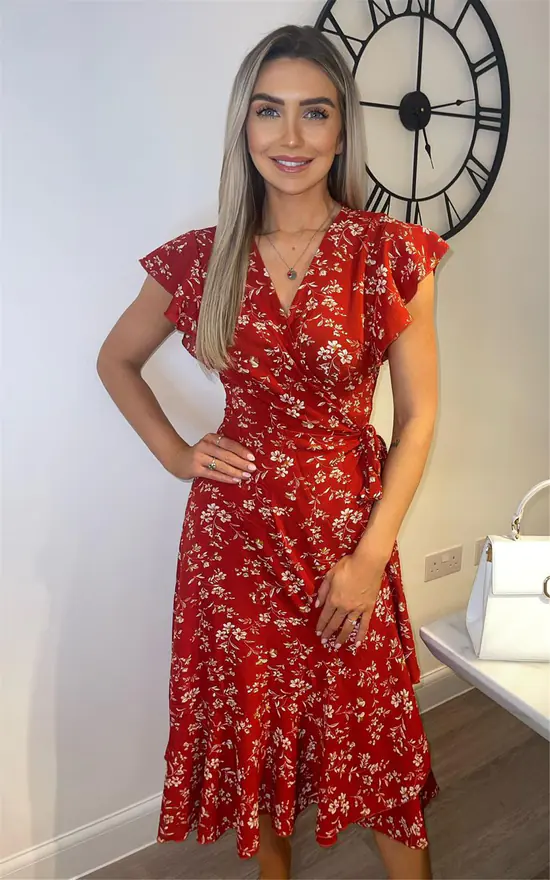 Red Frill Shoulder Sleeve Floral Midi Wrap Dress - Image 2