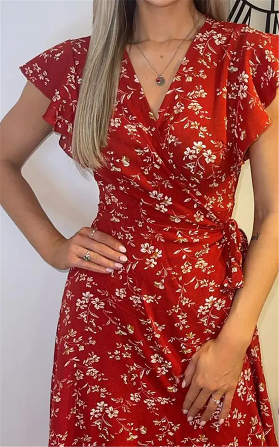 Red Frill Shoulder Sleeve Floral Midi Wrap Dress - Image 4