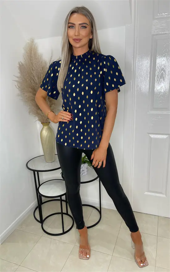 Short Sleeve Top With Gold Print Detail In Navy - Image 2