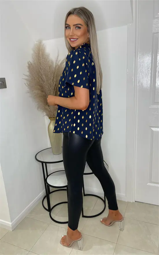 Short Sleeve Top With Gold Print Detail In Navy - Image 3