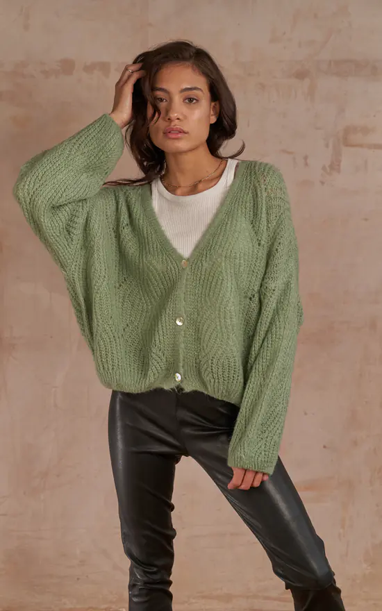 Knitted Button Up Cardigan In Light Green - Image 3