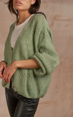 Knitted Button Up Cardigan In Light Green