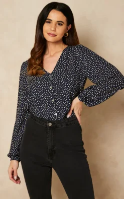 ONLY Polka Dot Button Up Blouse In Navy
