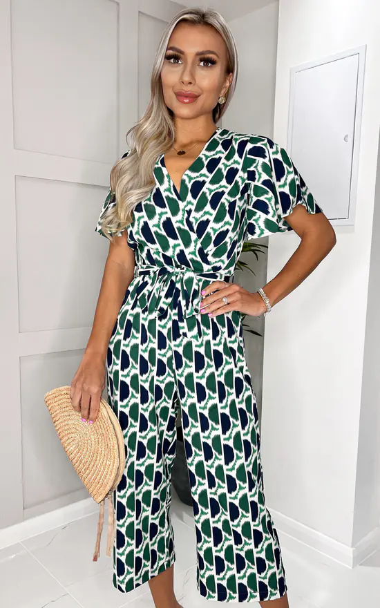 AX Paris Green And Navy Printed Tie Waist Jumpsuit