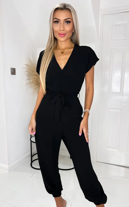 AX Paris Black V Neck Short Sleeve Belted Elasticated Cuff Jumpsuit