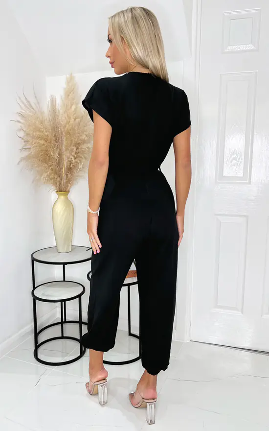 AX Paris Black V Neck Short Sleeve Belted Elasticated Cuff Jumpsuit - Image 3