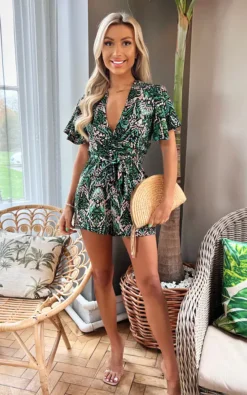 AX Paris Green Printed Wrap Top Belted Playsuit
