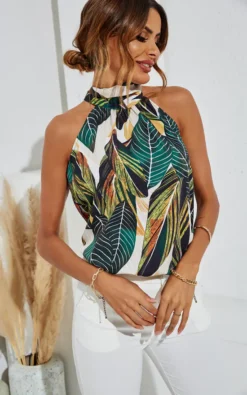 Leaf Print Halter Neck Tie Back Top In Green