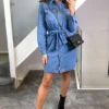 Pieces Denim Shirt Dress With Waist Tie In Medium Blue