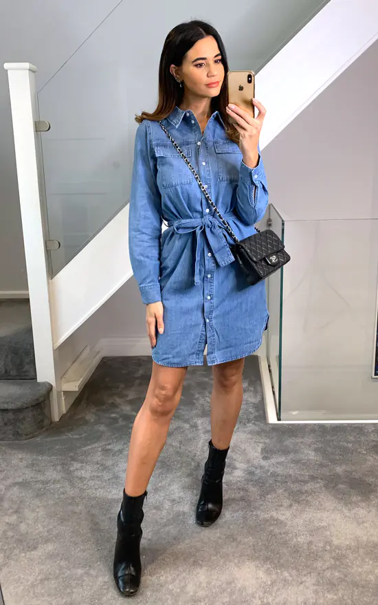 Pieces Denim Shirt Dress With Waist Tie In Medium Blue