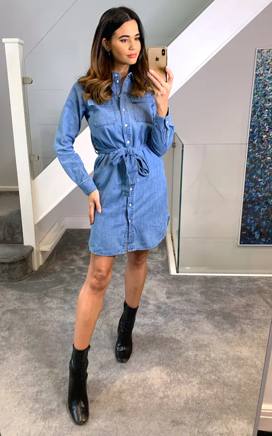 Pieces Denim Shirt Dress With Waist Tie In Medium Blue - Image 2