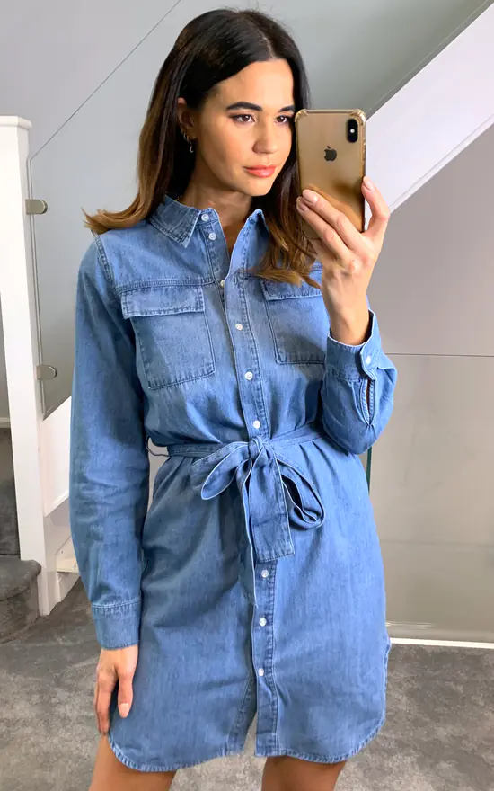 Pieces Denim Shirt Dress With Waist Tie In Medium Blue - Image 3