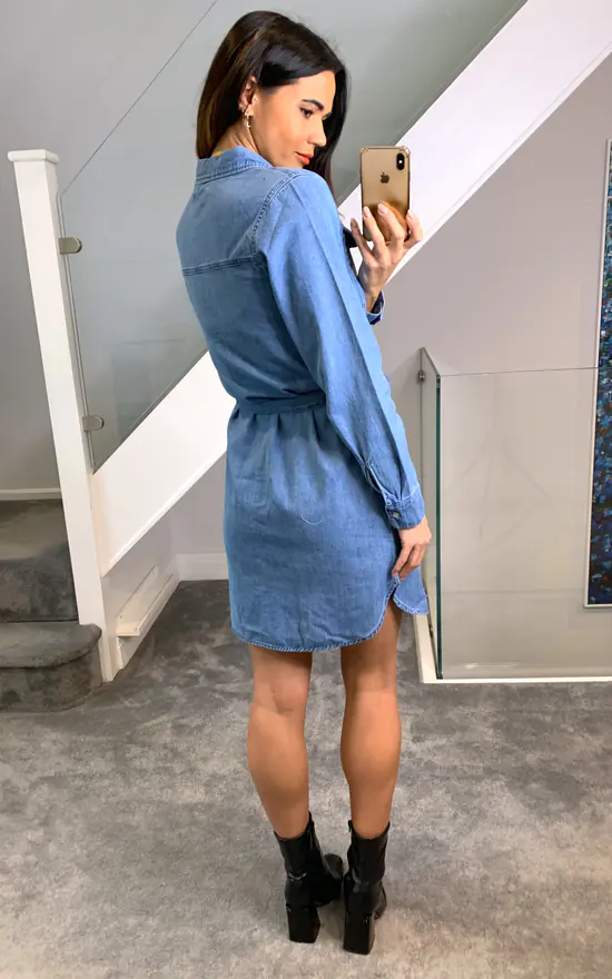 Pieces Denim Shirt Dress With Waist Tie In Medium Blue - Image 4