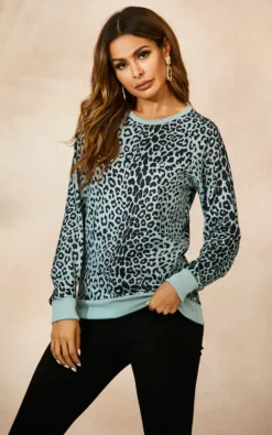 Mint Green Long Sleeve Top In Black Animal Print