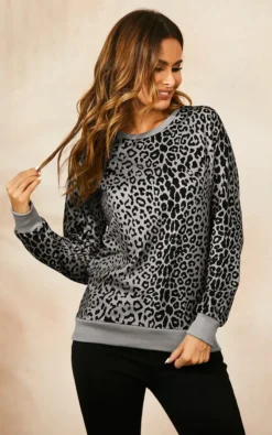 Grey Top In Black Animal Print