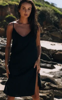 Linen Midi Slip Dress In Black