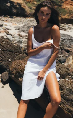 Linen Midi Slip Dress In White