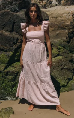 Square Neck Linen Maxi Dress In Baby Pink