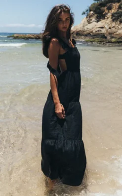 Square Neck Linen Maxi Dress In Black
