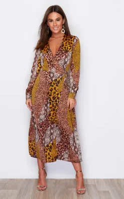 Adrianna Tie Waist Long Sleeve Wrap Midaxi Dress Animal Print