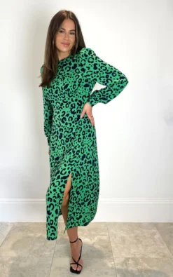 Cass Long Sleeve Split Leg Midi Dress Bright Green Leopard