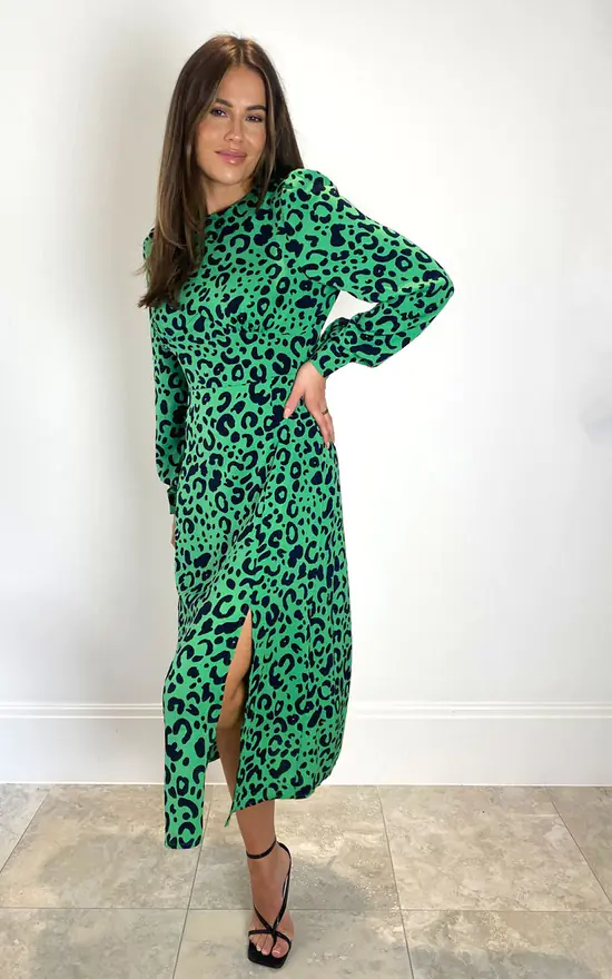 Cass Long Sleeve Split Leg Midi Dress Bright Green Leopard