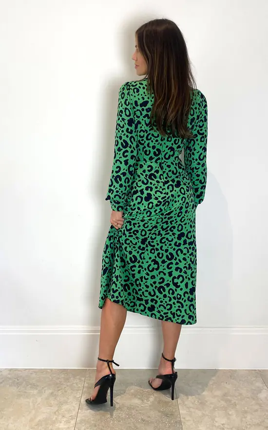 Cass Long Sleeve Split Leg Midi Dress Bright Green Leopard - Image 3