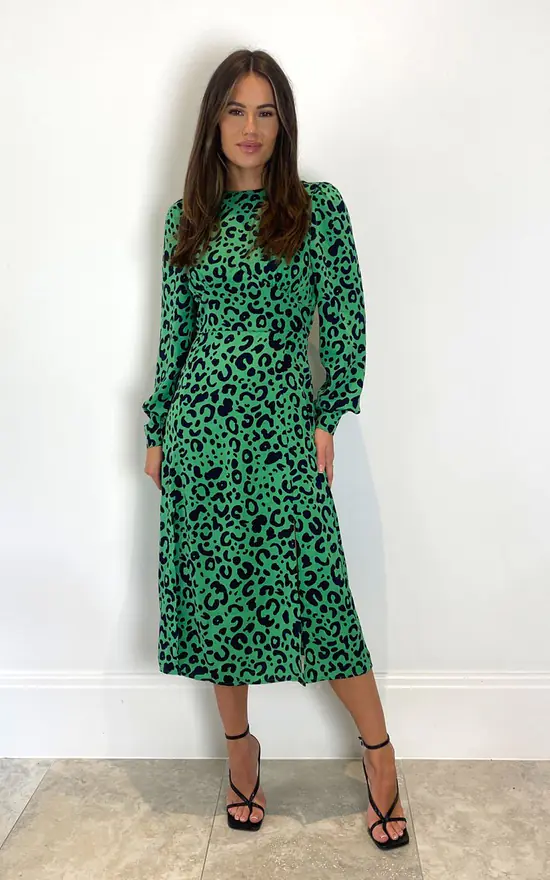 Cass Long Sleeve Split Leg Midi Dress Bright Green Leopard - Image 2
