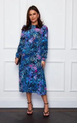 Cass Long Sleeve Split Leg Midi Dress Blue/Purple Animal