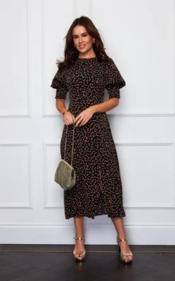Shayla Shirred Cuff Midi Dress Black Ditsy Heart