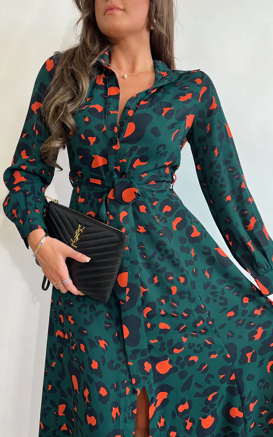 Brielle Long Sleeve Shirt Maxi Dress Emerald/Orange Leopard - Image 2