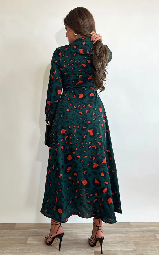 Brielle Long Sleeve Shirt Maxi Dress Emerald/Orange Leopard - Image 4
